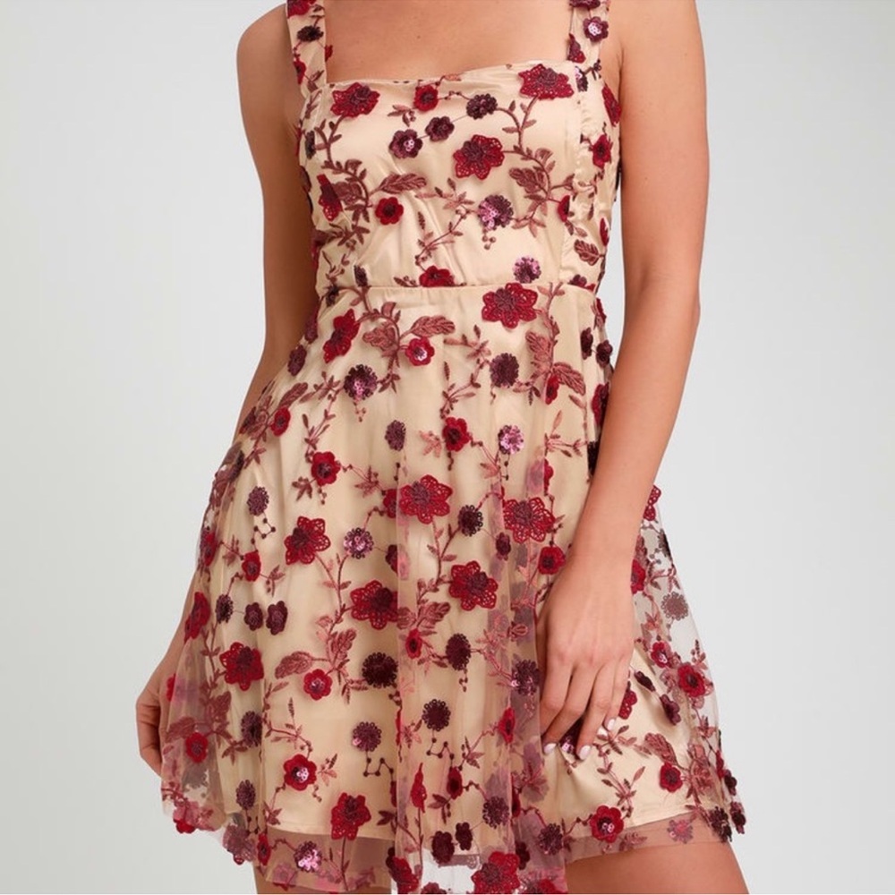 Lulus So Excited Nude Embroidered Sequin Skater Dress
